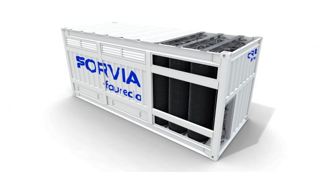 FORVIA Containerlösung für die Speicherung und den Transport von komprimiertem Wasserstoff, entwickelt für effiziente Wasserstofflogistik.