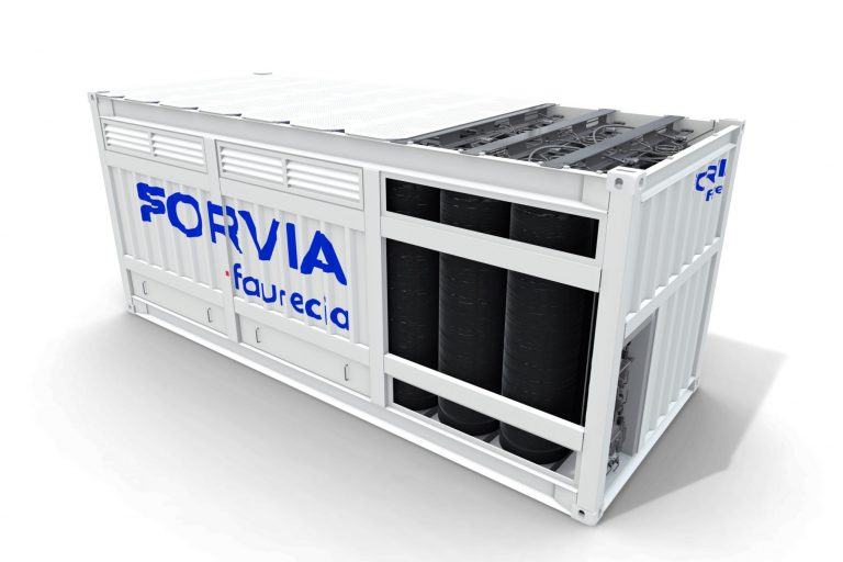 FORVIA Containerlösung für die Speicherung und den Transport von komprimiertem Wasserstoff, entwickelt für effiziente Wasserstofflogistik.