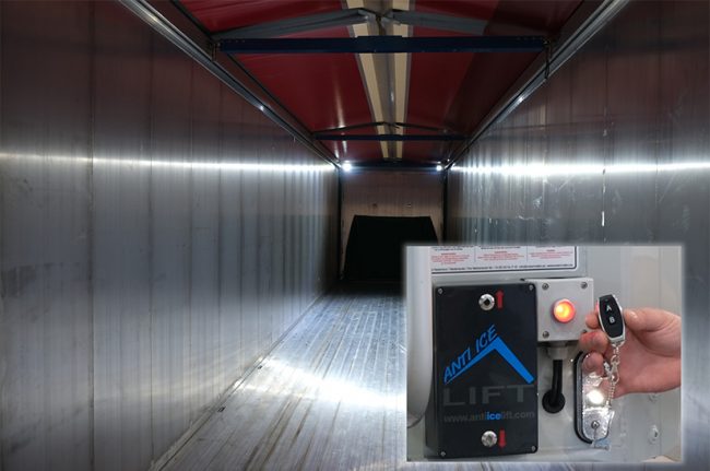 TRS setzt gegen eisige die Gefahr von oben je nach Ausführung zwei oder vier Querbalken in den Schubbodenauflieger oder Kipper ein. Das Bild im Bild zeigt die zeigt die Steuereinheit an der Stirnwand und die optionale Fernbedienung.