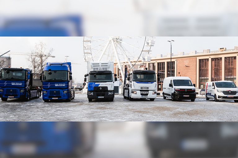 Renault Trucks präsentiert gesamte vollelektrische Produktpalette. Im Bild zu sehen sind sechs verschiedene Trucks.
