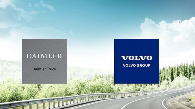 Das Bild symbolisiert die Absichtserklärung zwischen Daimler Truck und Volvo, ein Joint Venture zu gründen.