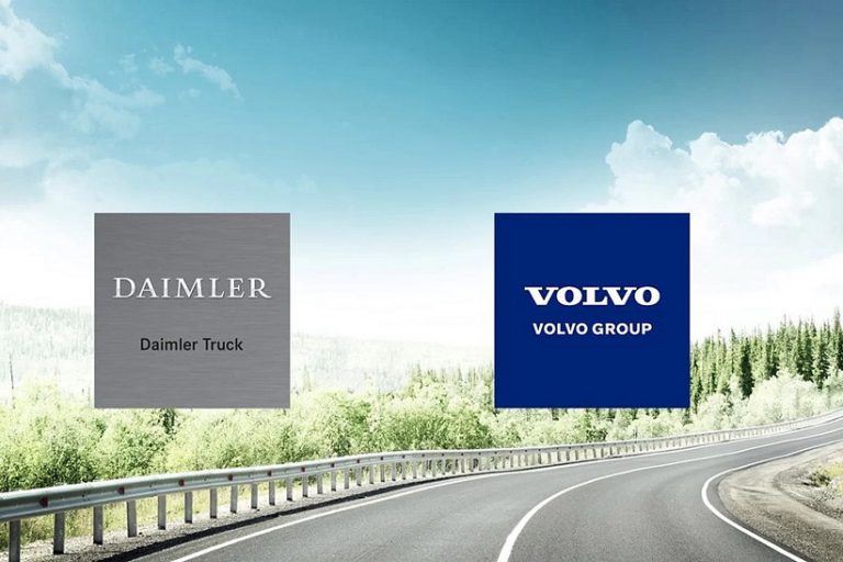 daimler-truck-volvo-group Das Bild symbolisiert die Absichtserklärung zwischen Daimler Truck und Volvo, ein Joint Venture zu gründen.
