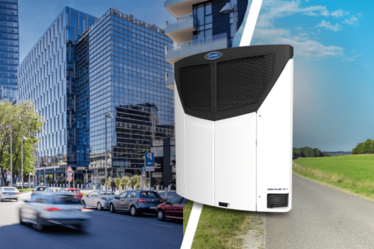 20240611_Hero-vector-HE-17-2000×400 Das Bild zeigt eine Collage aus Stadt- und Landstraße. In der Mitte ist die Trailerkühlmaschine Vector HE 17 montiert