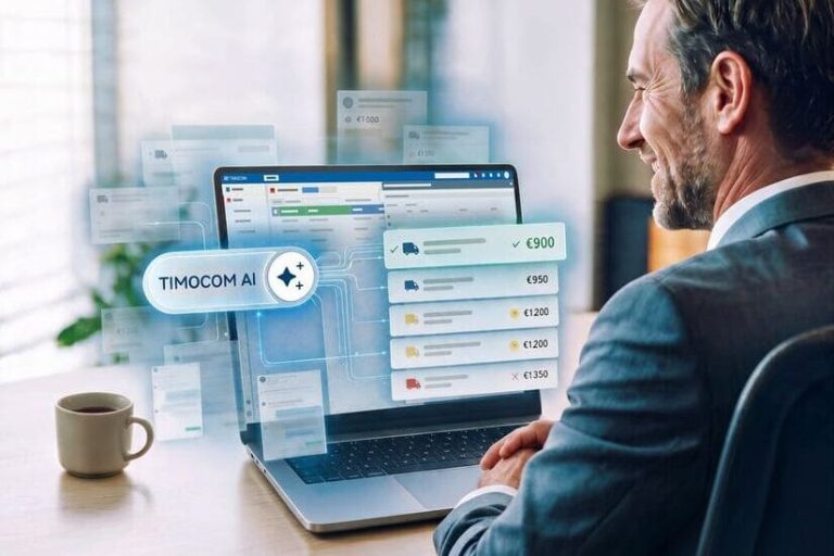 Timocom AI-Verhandlungsassistent zur Unterstützung von Disponenten im Spotmarkt – das Bild scheint KI-generiert zu sein.